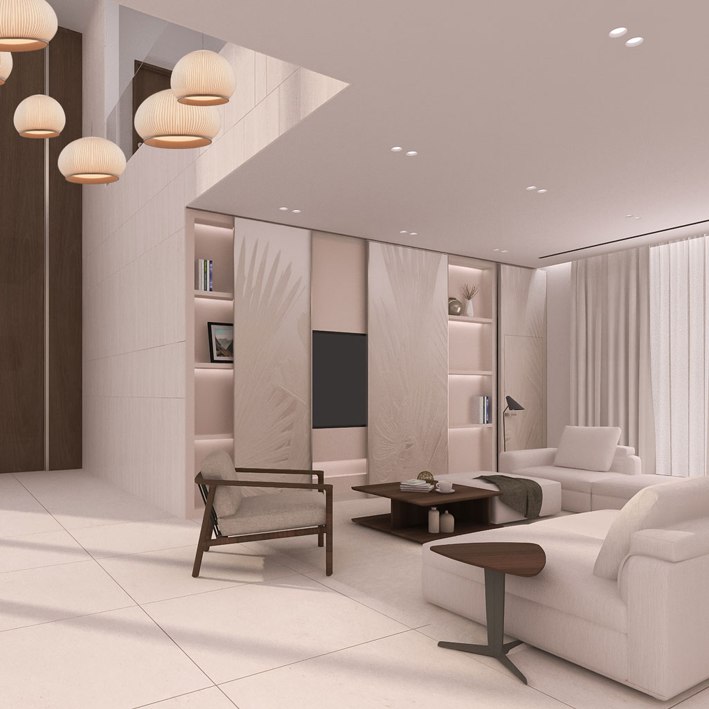 تصميم داخلي متكامل لمساحة معيشة